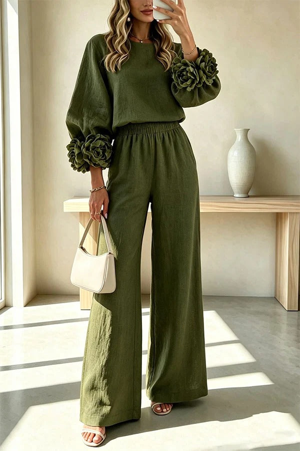 Linen Blend Floral Cuffs Sleeve Top and Elastic Waist Pocket Pants Set
