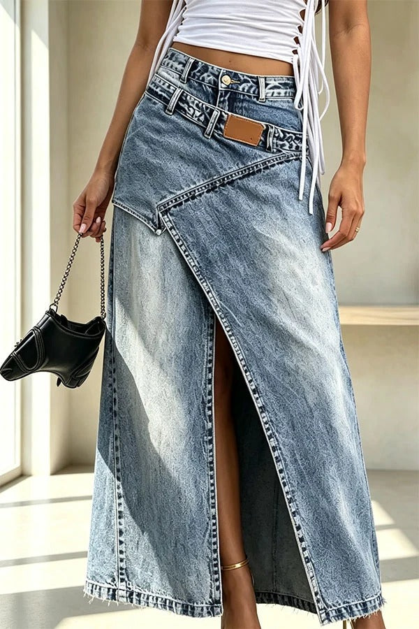 A Stylishly Layered Look Washed Denim High Rise Slit Maxi Skirt