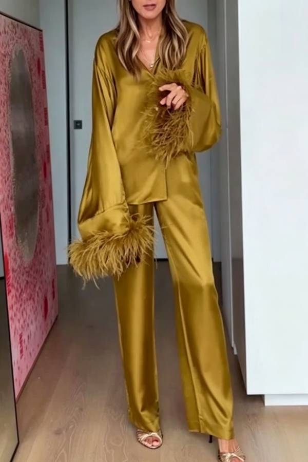 Festive Satin Feather Bell Sleeve Shirt and Elastic Waist Pocket Loose Pants Set