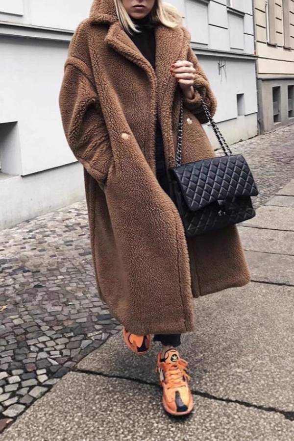 Long oversized coat with faux teddy bear fur