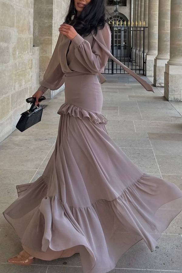 V-neck Lantern Sleeve High-Waisted Tiered Ruffle Maxi Dress