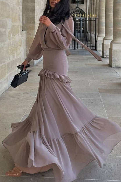 V-neck Lantern Sleeve High-Waisted Tiered Ruffle Maxi Dress