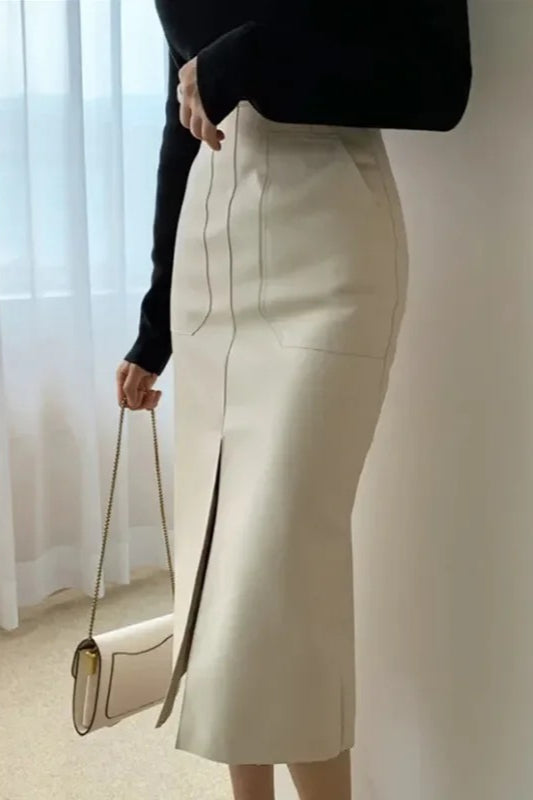 Fall Winter Chic Split Design Slim Straight Faux Leather Skirt