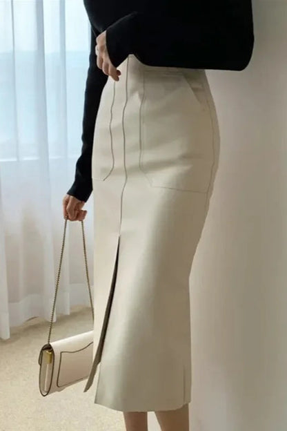 Fall Winter Chic Split Design Slim Straight Faux Leather Skirt