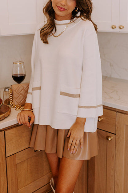 Class Act Knit Contrast Color Trim Mock Neck Pockets Sweater