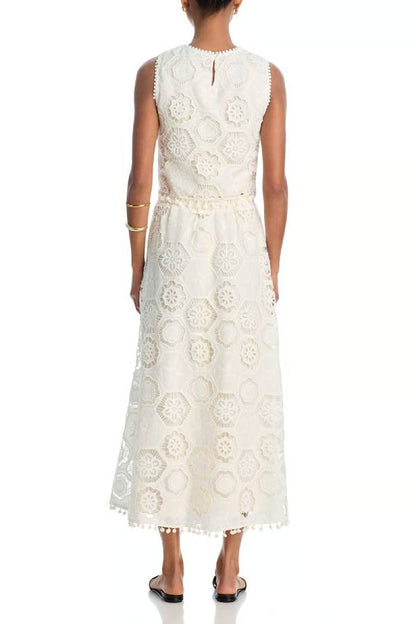 Nice Try Embroidered Crochet Lace Tassle Trim Elastic Waist Midi Skirt