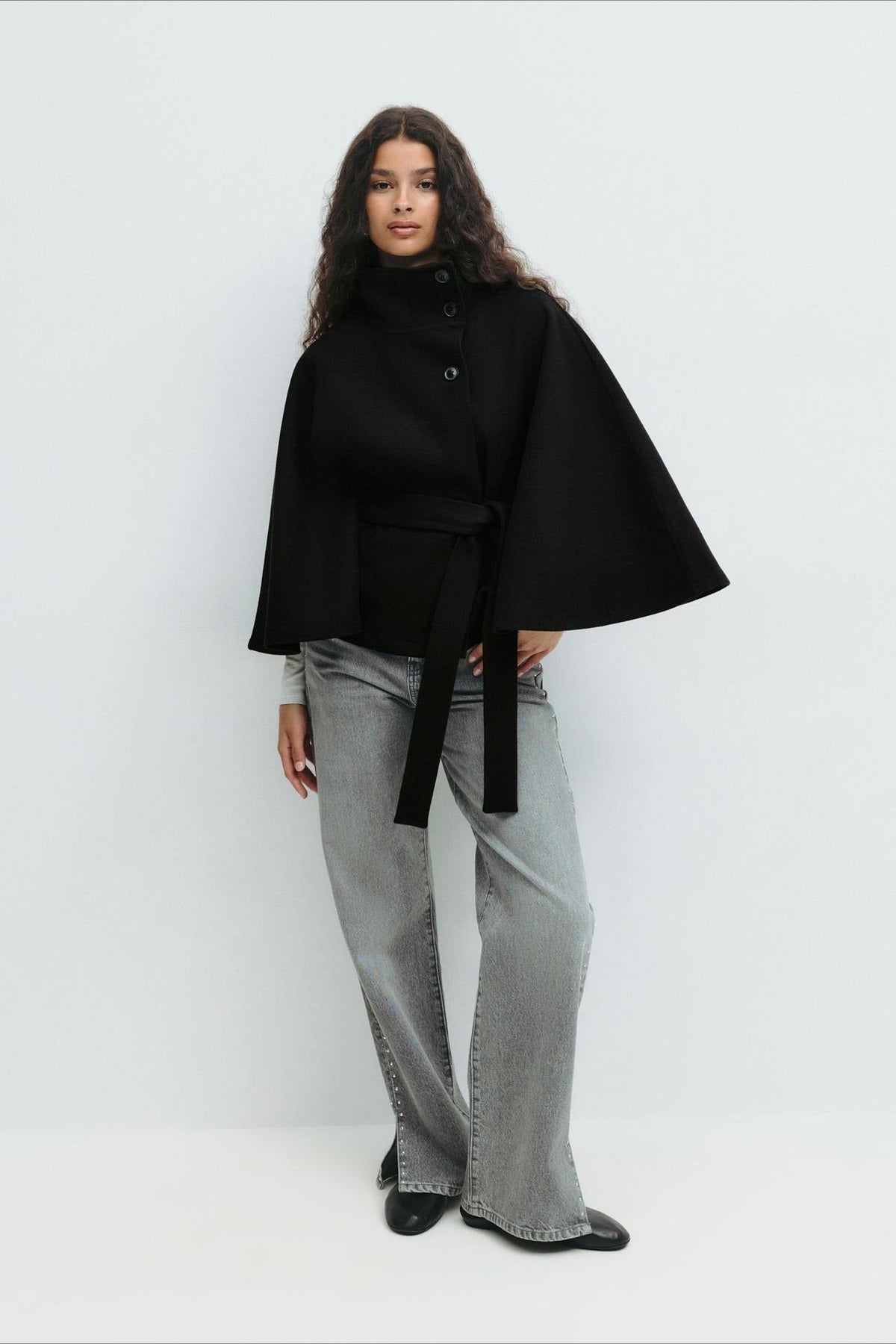 High Neck Button Detail Batwing Sleeve Coat