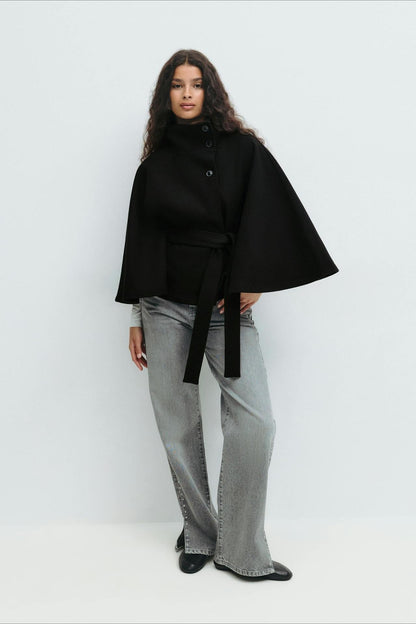 High Neck Button Detail Batwing Sleeve Coat