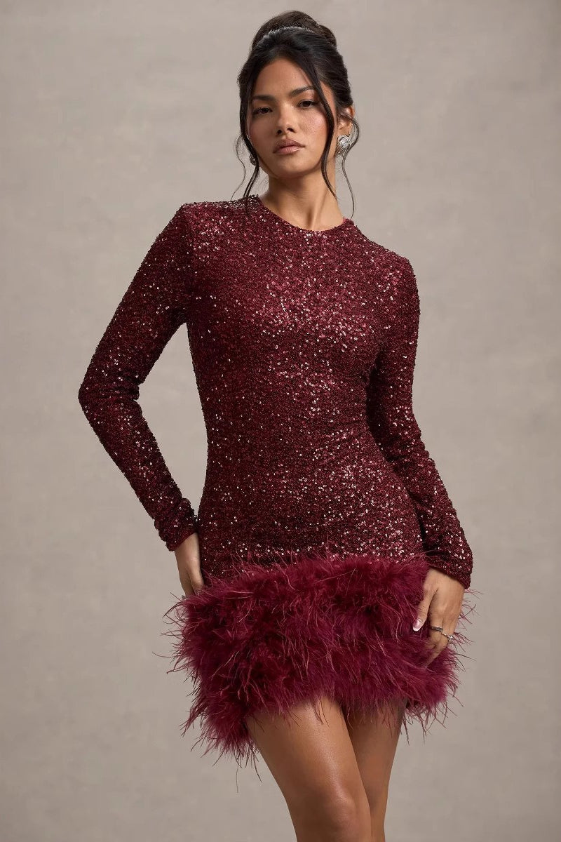 Solid Color Sequin Feather Long Sleeve Round Neck Sequin Dress