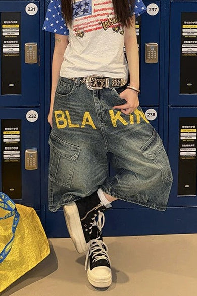 Double Waistband Letter Patch Curved Leg Jeans