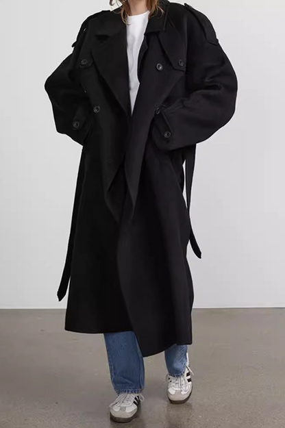 Notched Lapel Long Wool Cinch Belt Overcoat