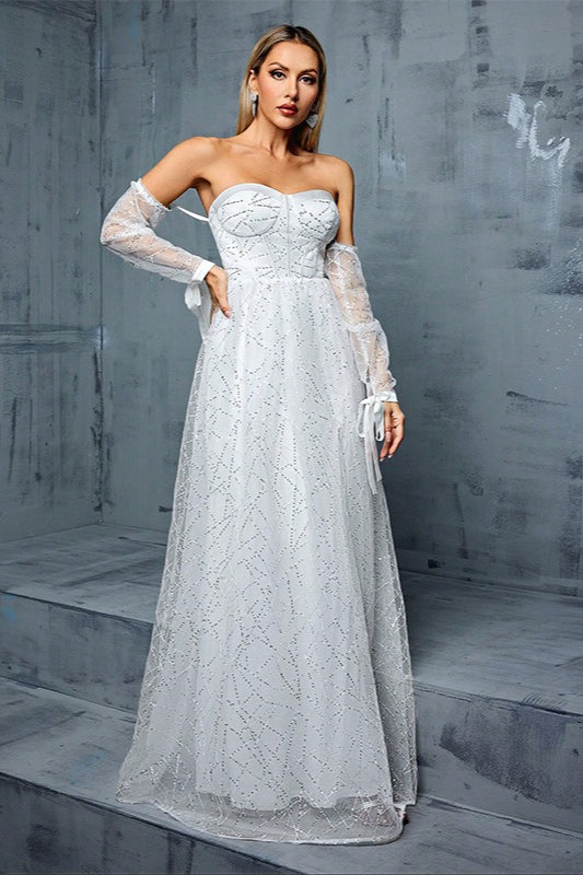 French Off Shoulder Long Sleeve Mesh Prom Dress