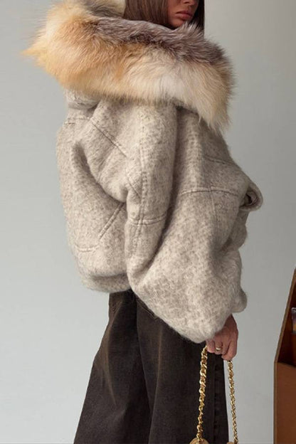 Short Hooded Wool Blend Coat With Large Fur Collar