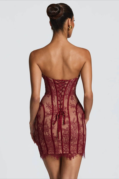 Strapless Lace Crochet High Waist A-Line Mini Lace Dress