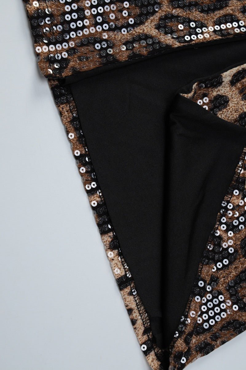 Leopard Print Lace Up Corset Sequin Midi Skirt Set
