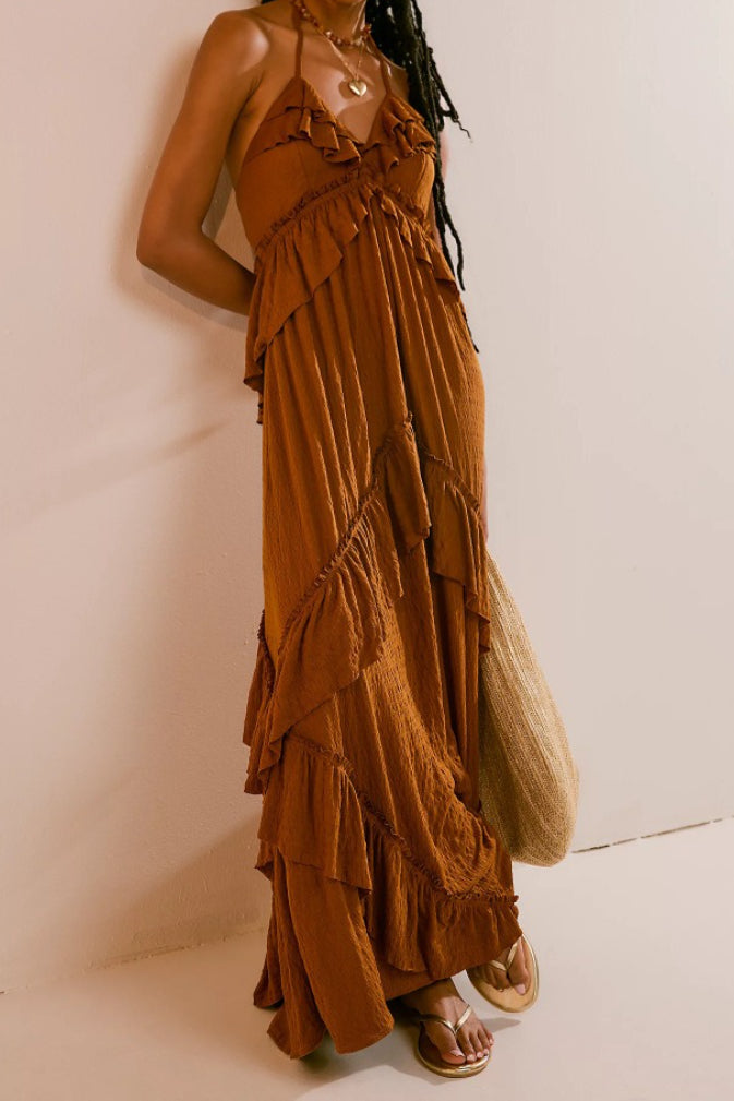 Solid Backless Ruffle Patchwork Boho Dress