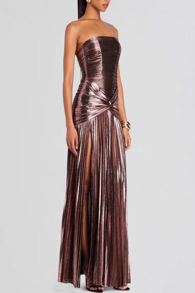 Chic Metallic Ruched Split Strapless Formal Dress