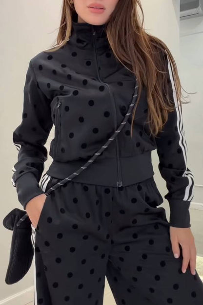 Polka Dot Stripe Stand Collar Zip‑Up Tracksuit Two‑Piece Set