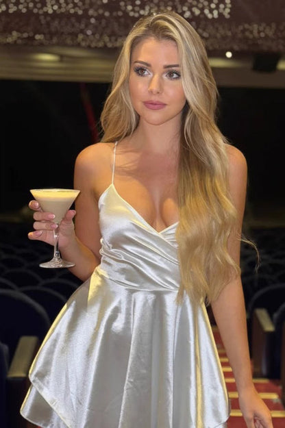 V-Neck High Waist A-Line Silk Dress