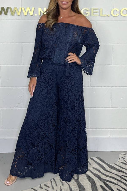 Multi-Color Lace Off-the-Shoulder Flare Sleeve Wide Leg Pants Set