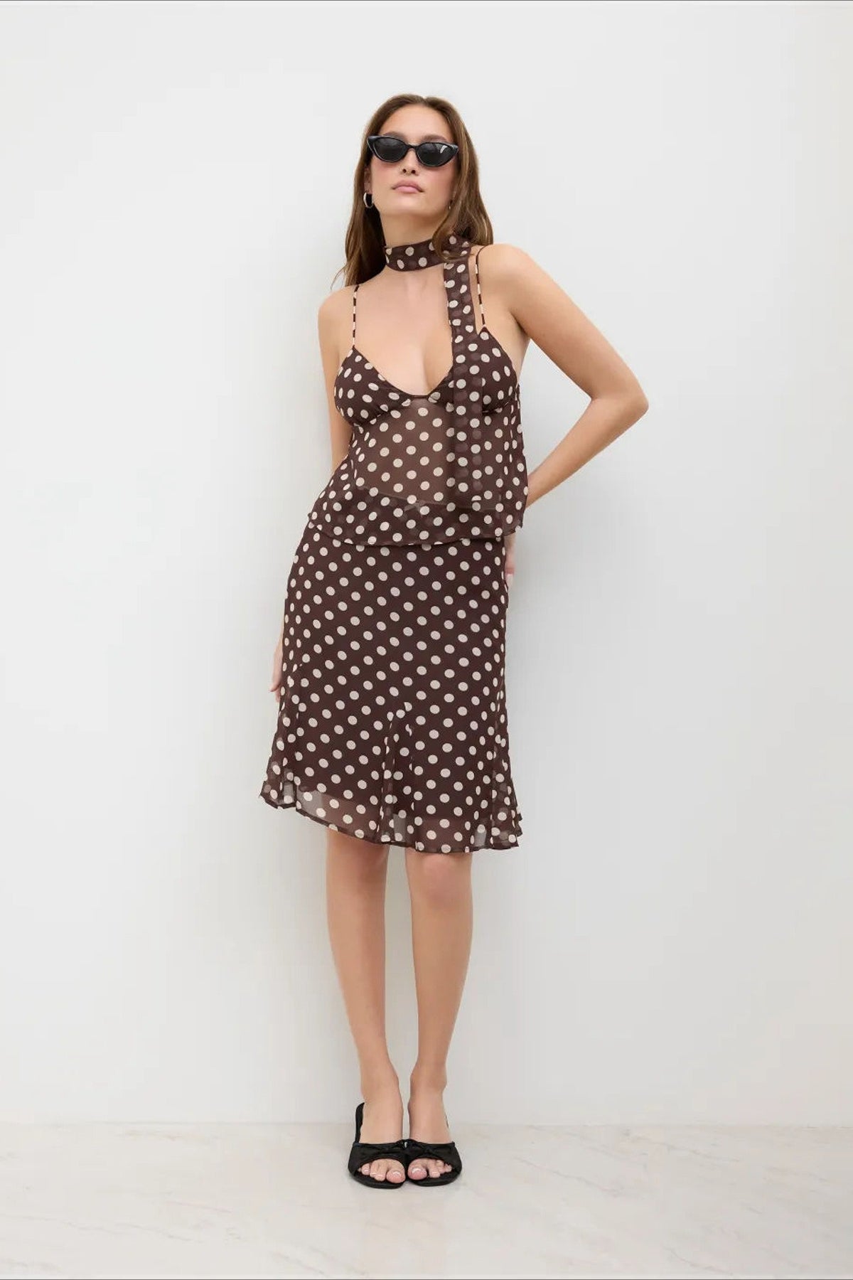 High Waist Polka Dot Chiffon Mermaid Midi Skirt