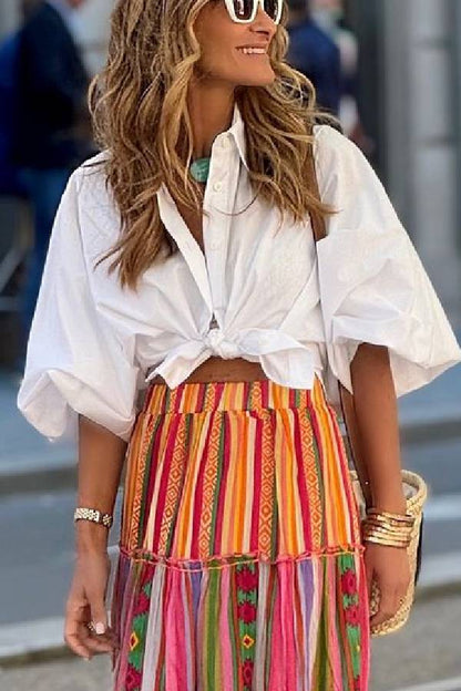 Loose Mid-length Sleeve Bow White Shirt