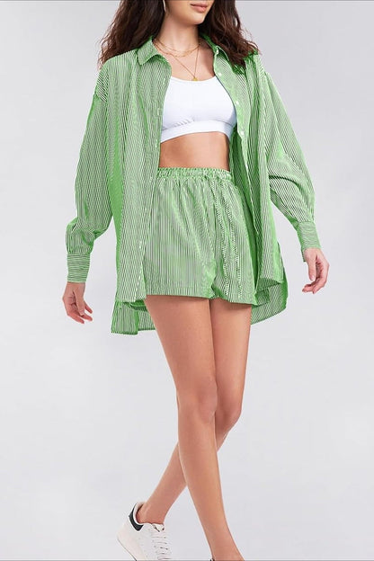Striped Lapel Long Sleeve Blouse Shorts Set