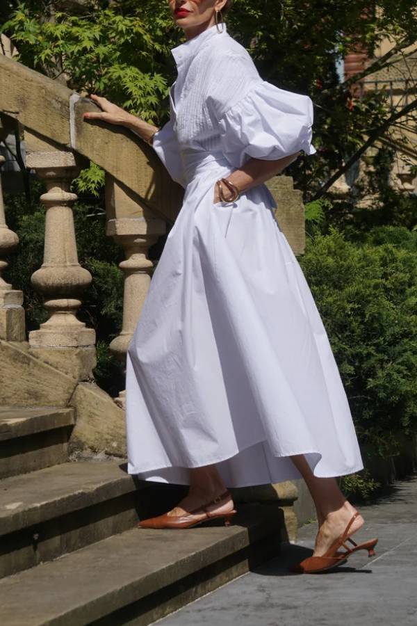Stand‑Collared Puff Sleeve Tie‑Waist Shirt Midi Dress