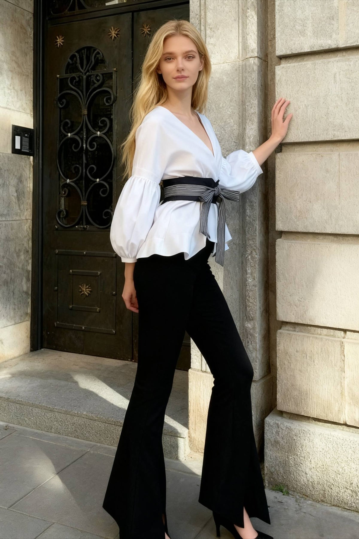 Spring Women's Bow Pants Lantern Flare Black + Striped Split Warm-Season Blouse Arm Arm Set