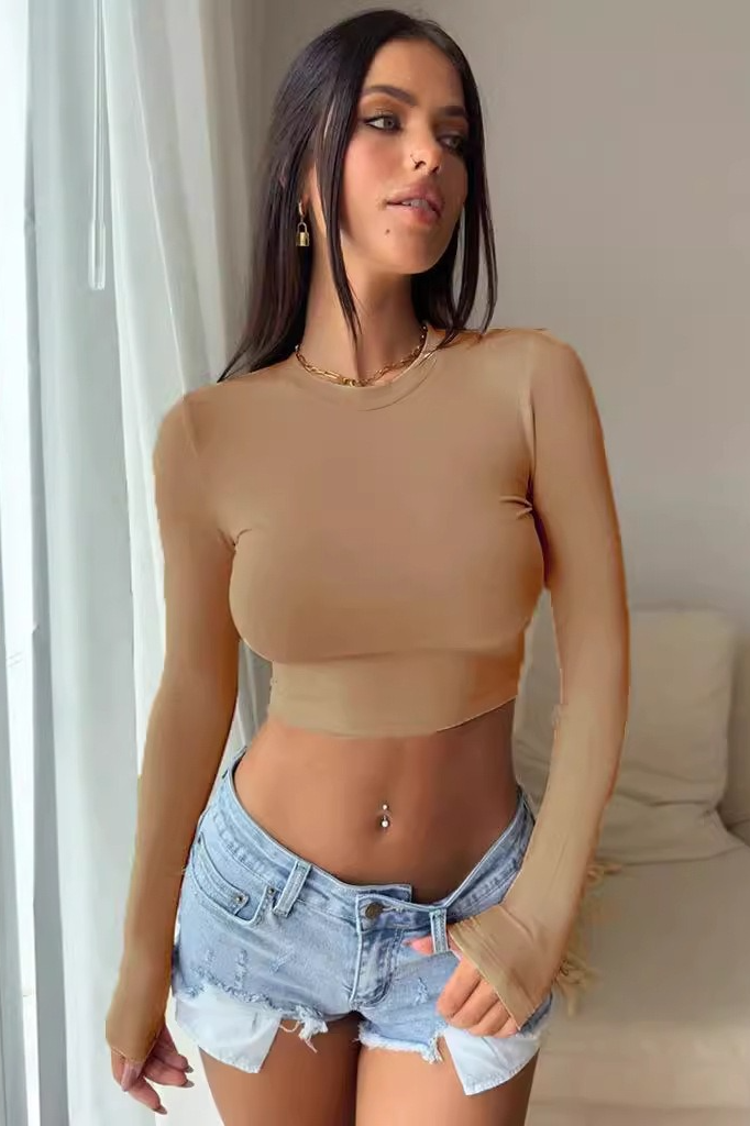 Hottie Solid Round Neck Slim Long Sleeve Crop Top