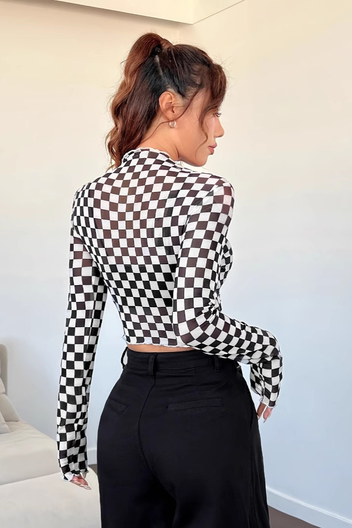 Checkerboard Mesh Mock Neck Slim Long Sleeve Crop Top