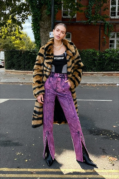 Faux Fur Tiger Striped Loose Overcoat