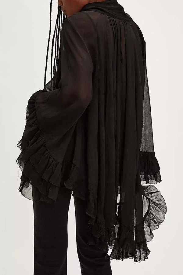 Flowy See-through Ruffle Tie-up Neck Bell Sleeve High-low Hem Cape Shirt
