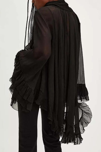 Flowy See-through Ruffle Tie-up Neck Bell Sleeve High-low Hem Cape Shirt