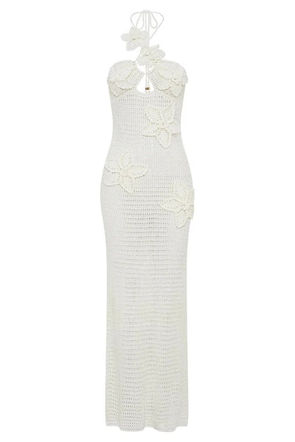 Call It Chic Knit Floral Crochet Halter Fishtail Hem Maxi Dress