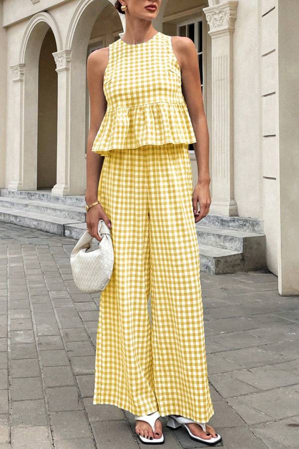 Gingham Sleeveless Ruffle Top & Wide Leg Pants Two Piece Set
