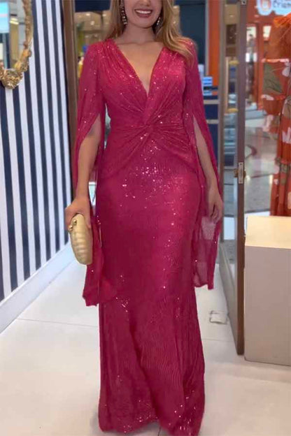 Deep V-Neck Twist Waist Sequin Cape Sleeve Column Maxi Gown