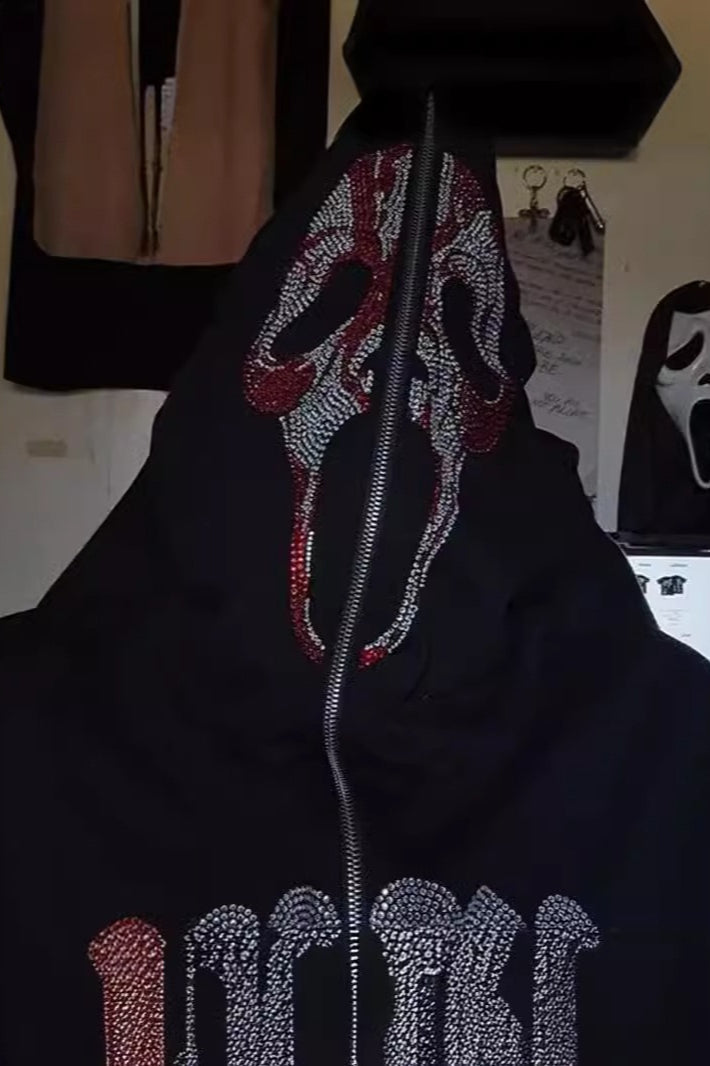 Rhinestone Zip Up Gothic Hoodie
