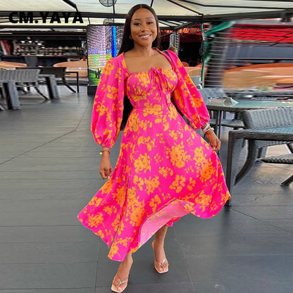 Floral Print Puff Sleeve Tie Front Ruched Bust High Split Midi Dress