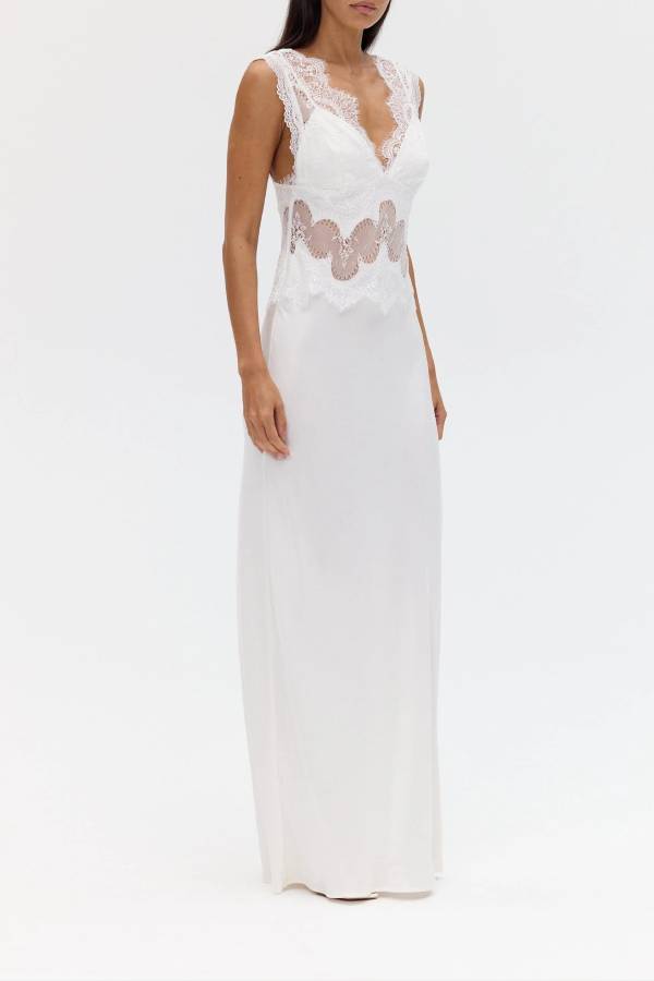 Effortless Elegance Satin Sheer Lace Patchwork V-neck Drape Maxi Dress