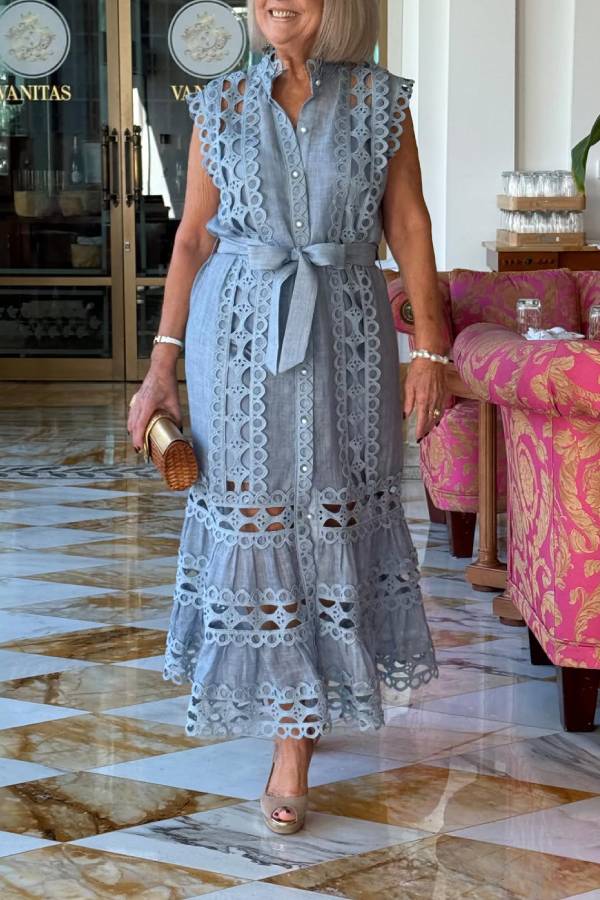 Cutwork Embroidered Tie-Waist Sleeveless Shirtdress