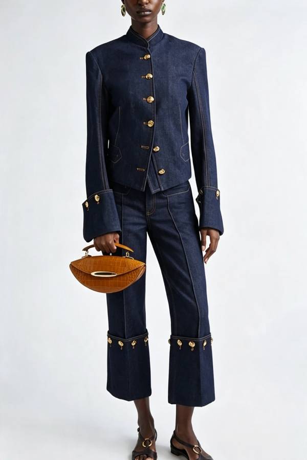 Cowgirl Club Denim Stand Neck Flare Sleeve Metal Buttons Long Sleeve Jacket
