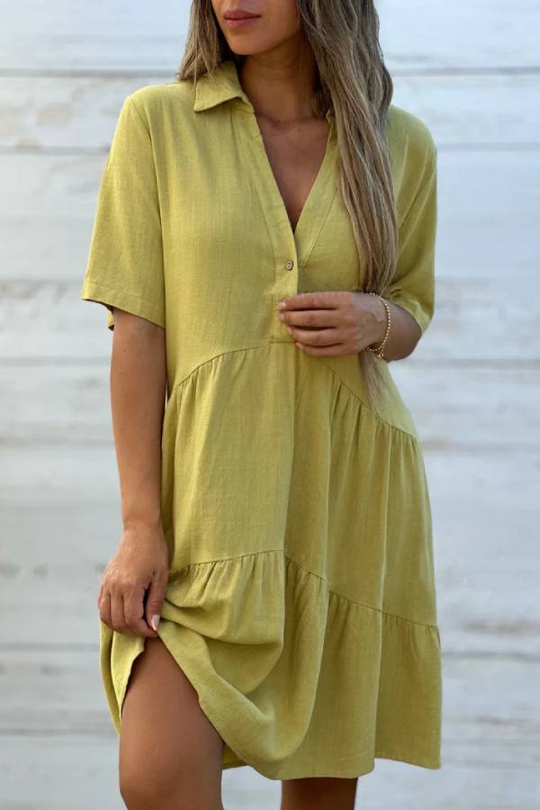 Linen-Blend Shirt Collar Half-Placket Tiered Dress