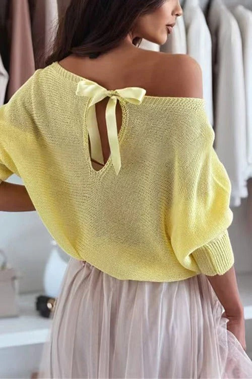 Boat Neck Bow Back Cut Out Pullover Sweater