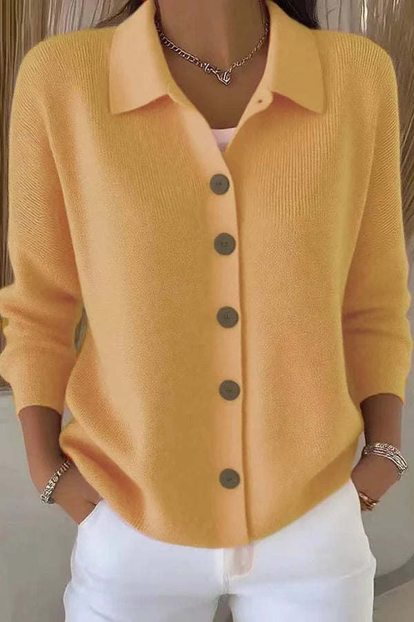 Casual Stylish Knit Solid Color Shirt Neck Button Up Long Sleeve Cardigan