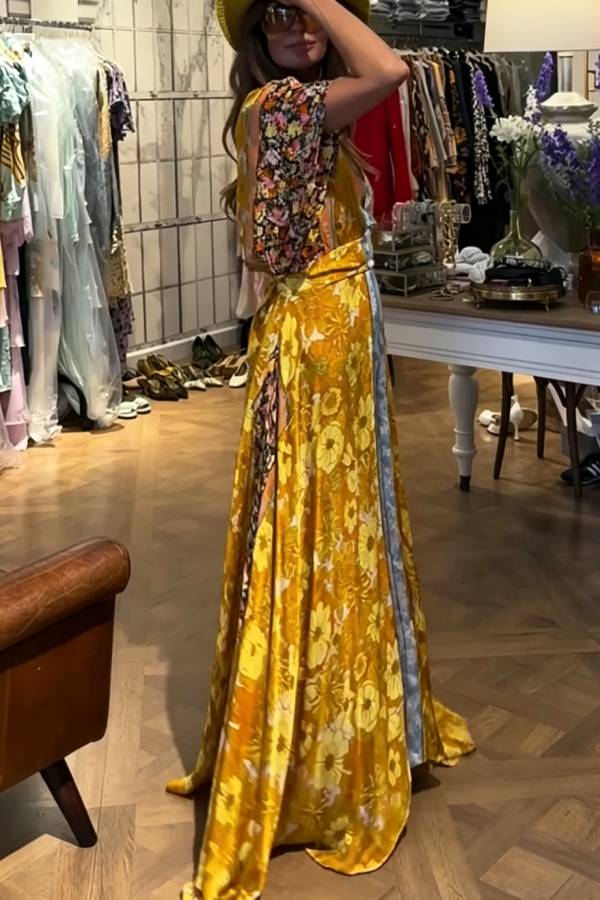 Boho Color-blocked Floral Print Wide Sleeve Tie-up Waist Pocket Maxi Dress