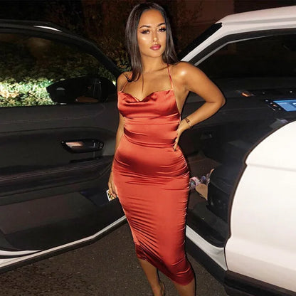 summer long satin backless elegant hollow out Midi Dresses