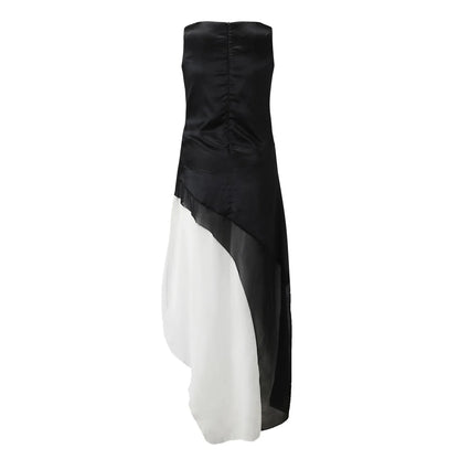 Bateau Neck Diagonal Tiered Patchwork Chiffon Maxi Gown