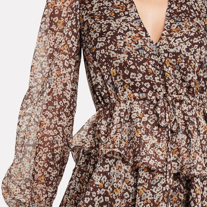 Floral Print V-Neck Lantern Sleeve Tiered Ruffle Chiffon Mini Dress