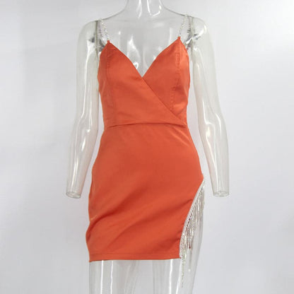 Rhinestone Strap Satin V-Neck Fringe Trim High Slit Bodycon Mini Dress